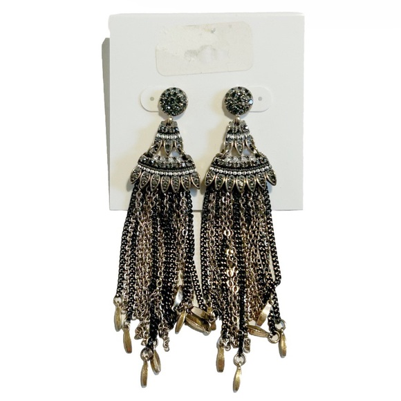 Rhinestone Black and Silver Tone Dangling Chandelier Earrings Statement Sparkly - Picture 2 of 6